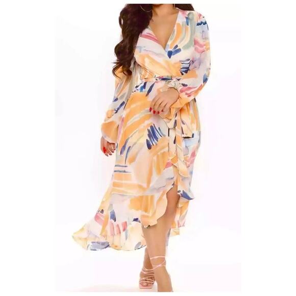 Fashion Nova Dresses & Skirts - Fashion Nova Nadine Whimsy Midi Dress Abstract Floral Size Medium Faux Wrap